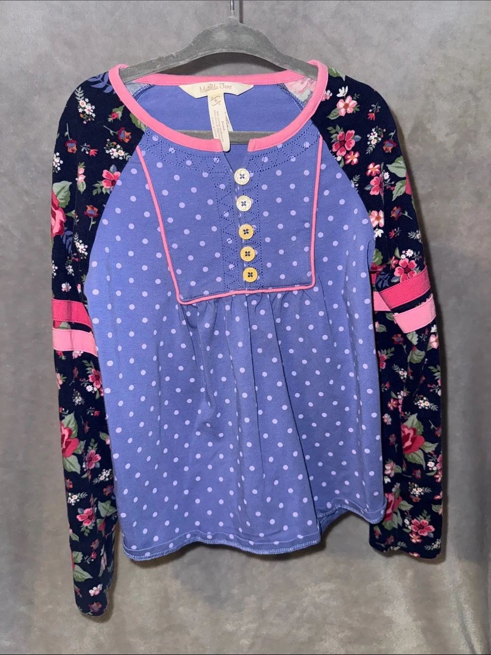 Matilda Jane Purple Polka Dot Long Sleeve Shirt with Navy Floral Sleeves